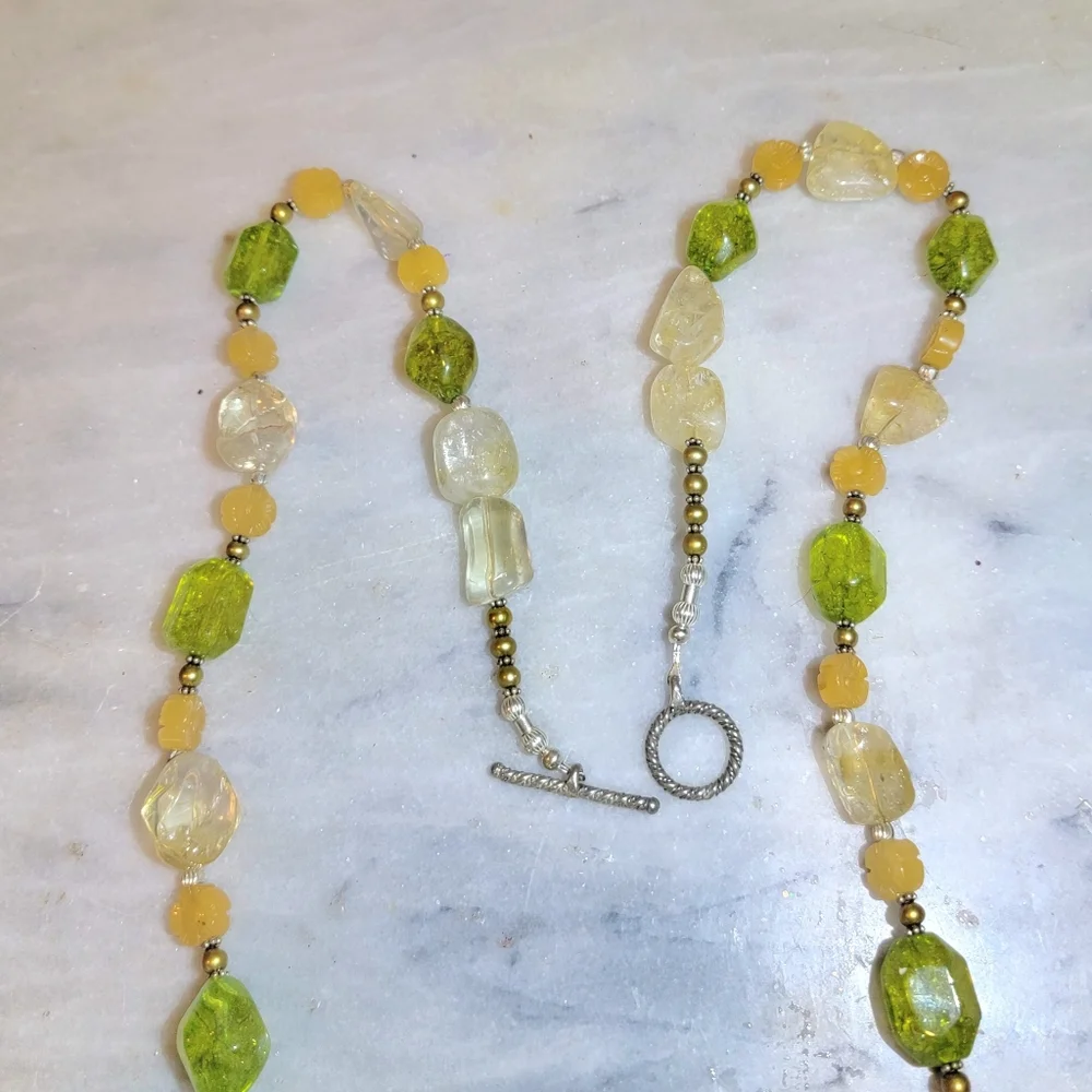 Chunky Citrine Peridot Pearl Adventurine Sterling 925 Necklace 34" - Picture 8 of 8